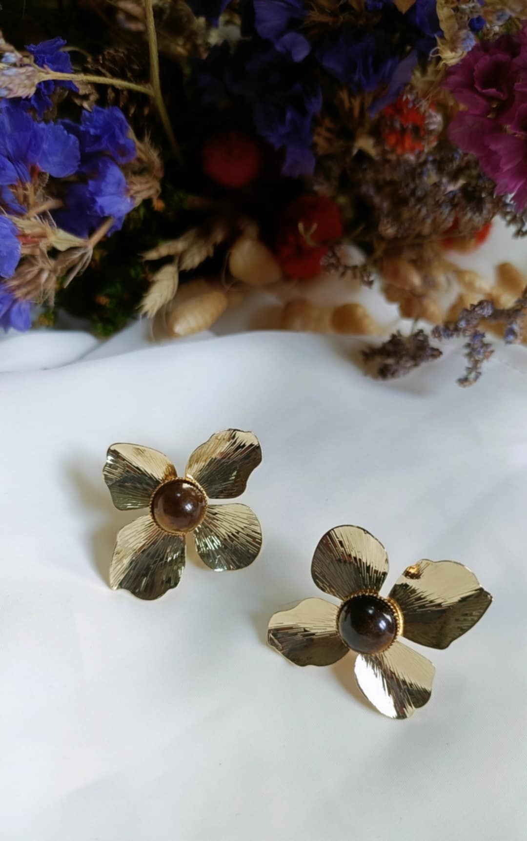 Boucles d'oreilles en laiton doré à l'or fin - Pensée - interchangeables