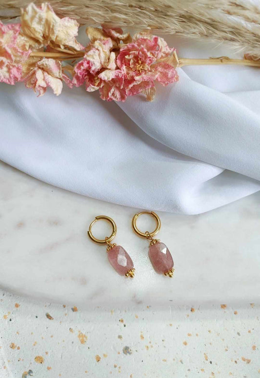 Boucles d'oreilles en acier inoxydable et quartz rose - Sidonie