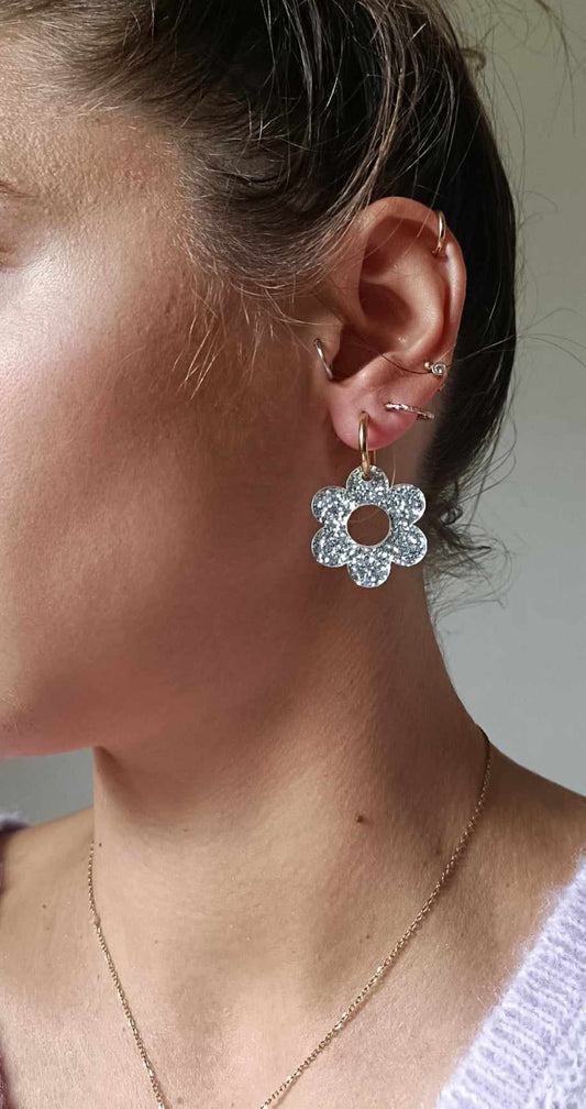 Boucles d'oreilles en acier inoxydable et résine glitter -  Glitter  silver