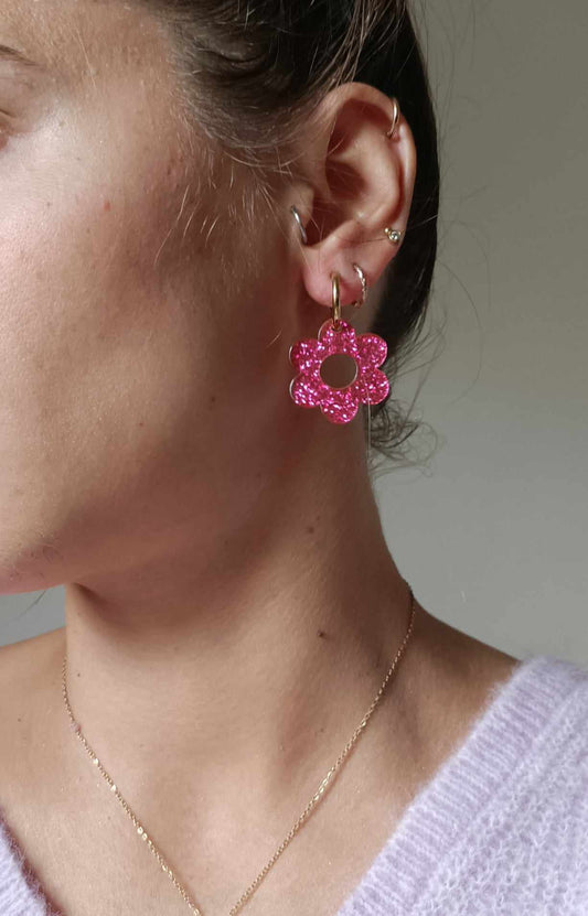 Boucles d'oreilles en acier inoxydable et résine glitter -  Glitter pink