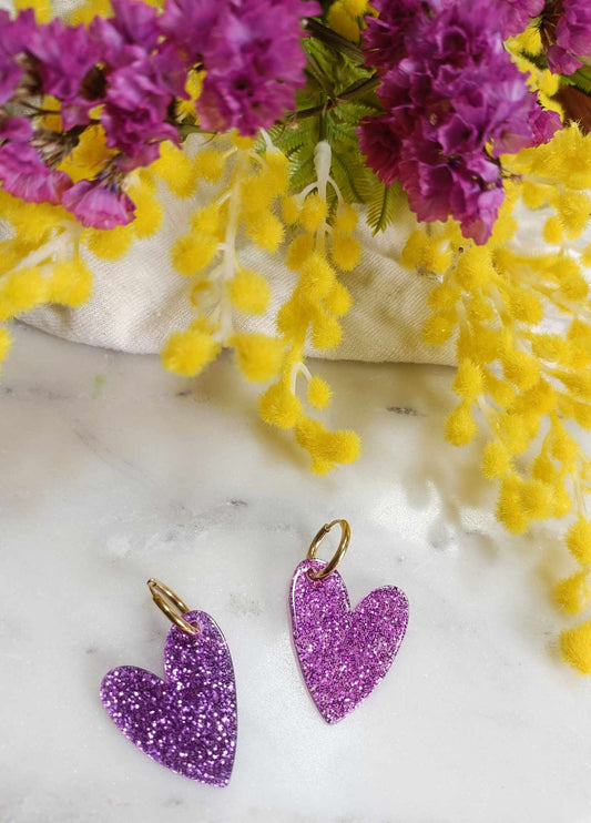 Boucles d'oreilles en acier inoxydable et résine glitter -  Coeur