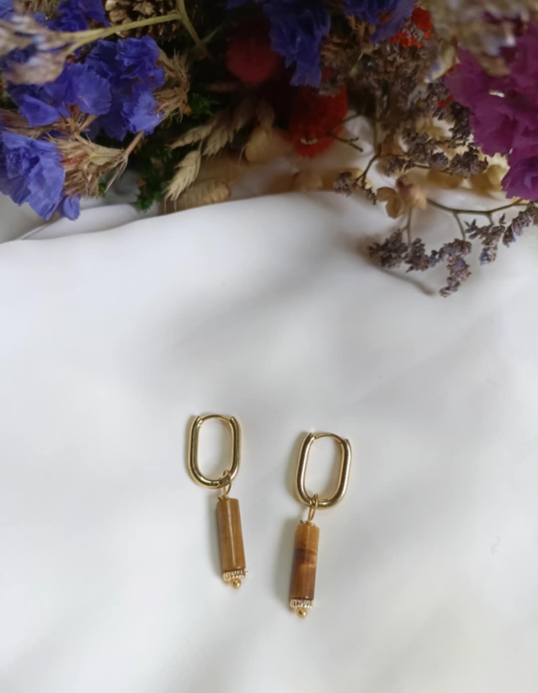 Boucles d'oreilles en acier inoxydable - Sacha pierre semi précieuse oeil de tigre